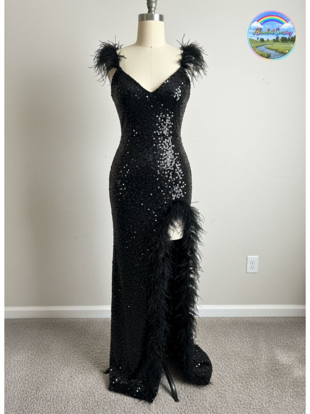 Sequin Prom Dress Feather High Slit Evening Gown